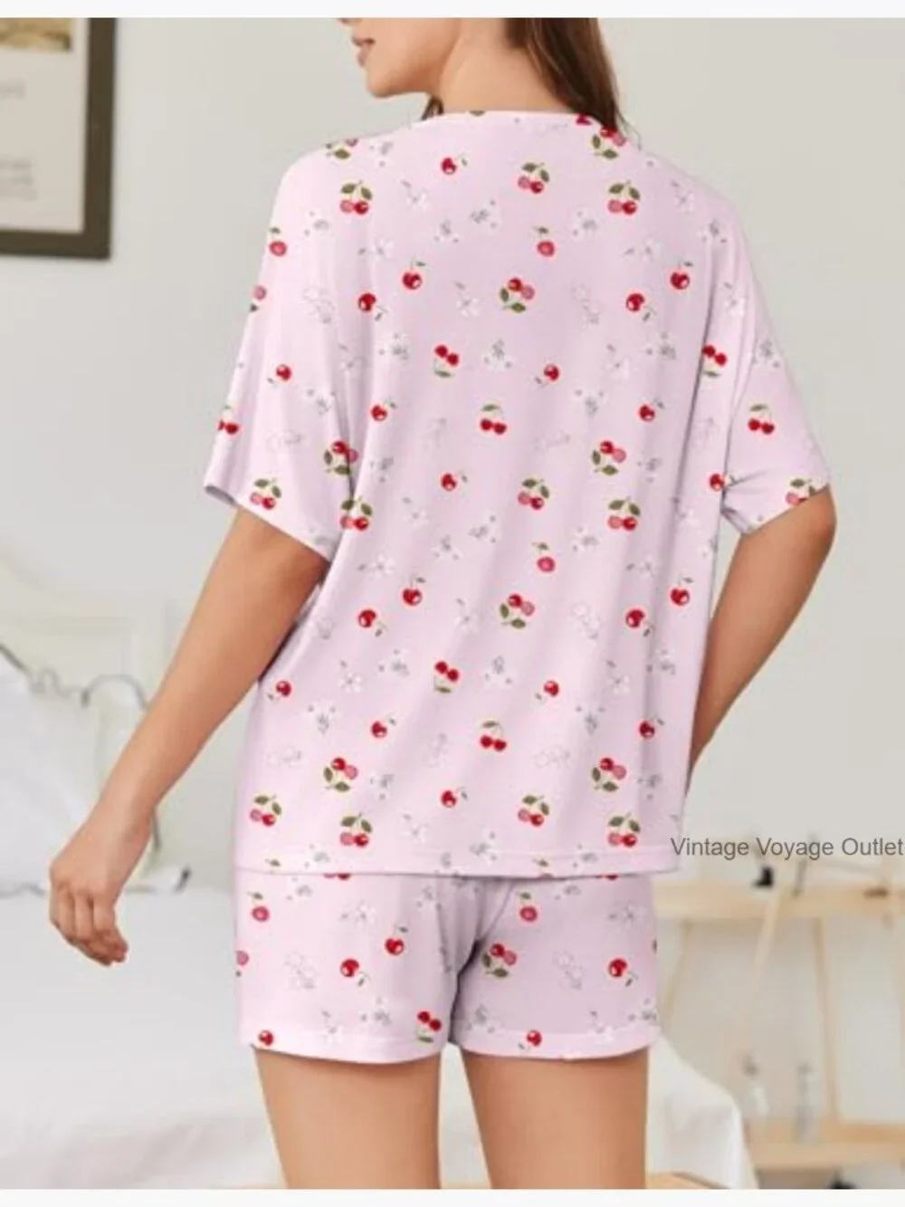 Women's 2-Piece Pajama Set Short Sleeve Lightweight Sleepwear Lounge Set with - Picture 4 of 7